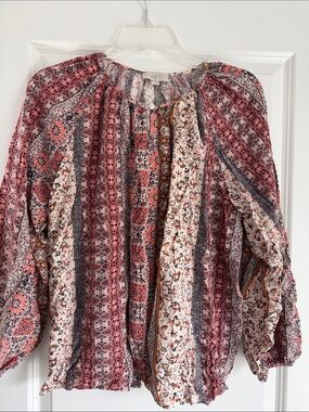 LOFT Multi-Print Boho Peasant Blouse in Pink and Cream